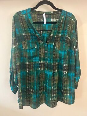NY Collection Teal and Olive Plaid Button-Front Blouse